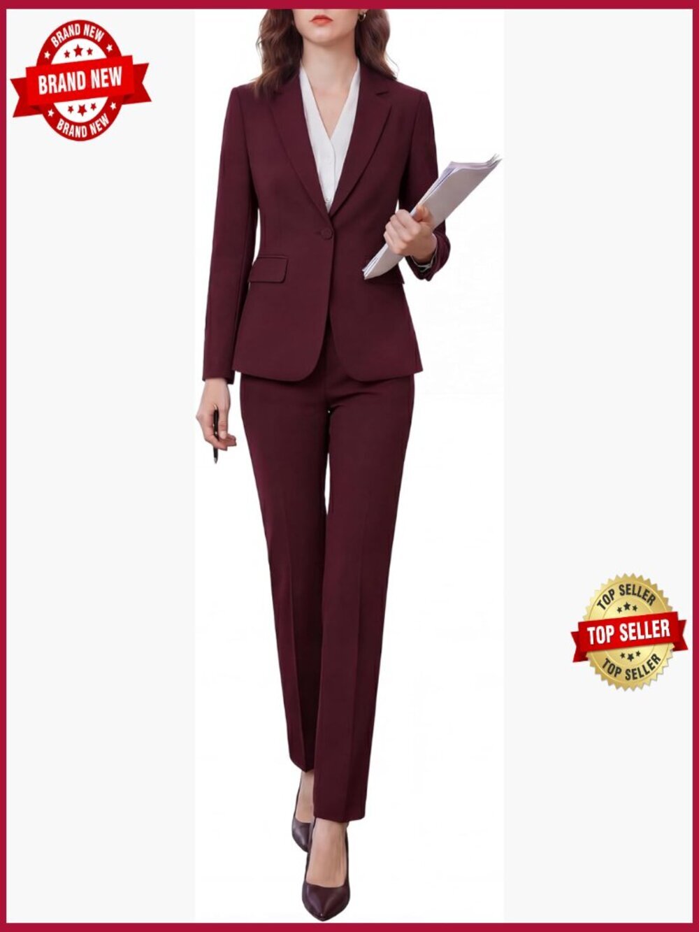 Women's 2 Piece Pantsuit Blazer Set - Wrinkle-Free Business Formal Suit